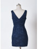 V Neck Navy Blue Pleated Lace Short Bridesmaid Dress
